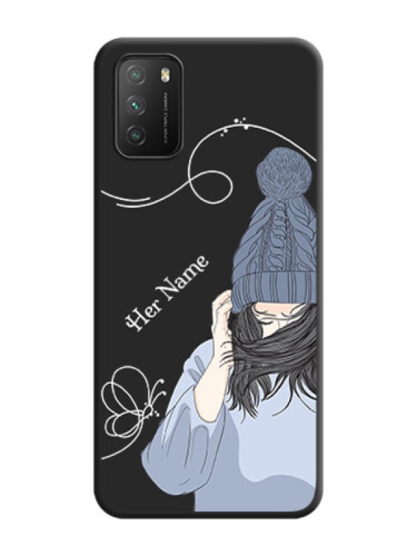 Custom Girl With Blue Winter Outfiit Custom Text Design On Space Black Personalized Soft Matte Phone Covers -Poco M3