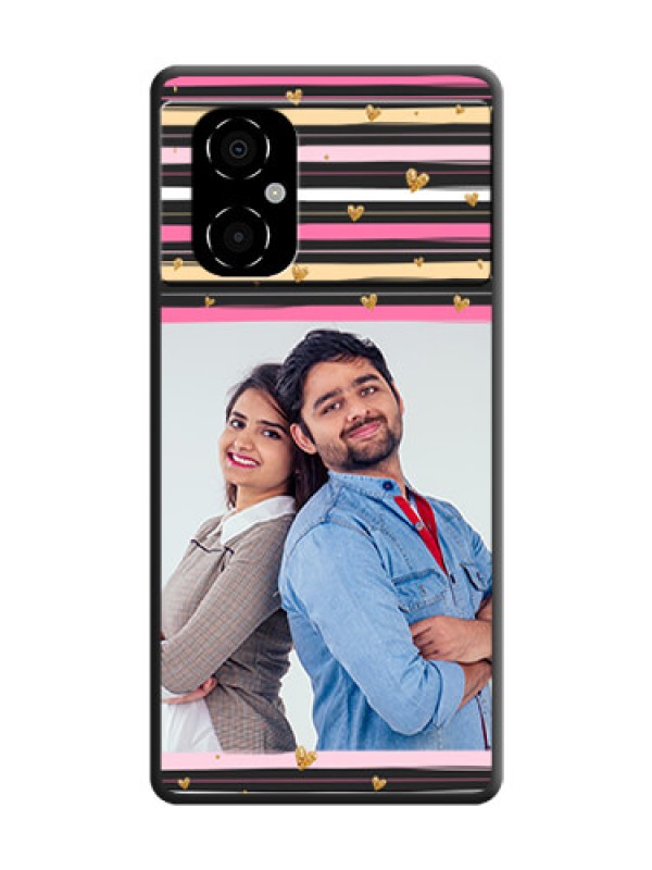 Custom Multicolor Lines and Golden Love Symbols Design on Photo on Space Black Soft Matte Mobile Cover - Poco M4 5G