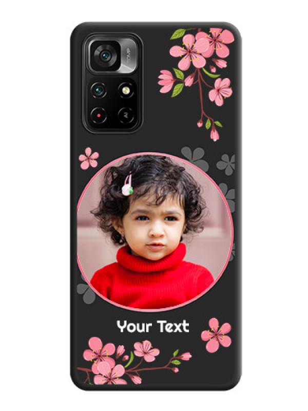 Custom Round Image with Pink Color Floral Design on Photo on Space Black Soft Matte Back Cover - Poco M4 Pro 5G