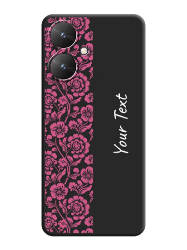 Custom Pink Floral Pattern Design With Custom Text On Space Black Custom Soft Matte Mobile Back Cover - Poco M6 5G