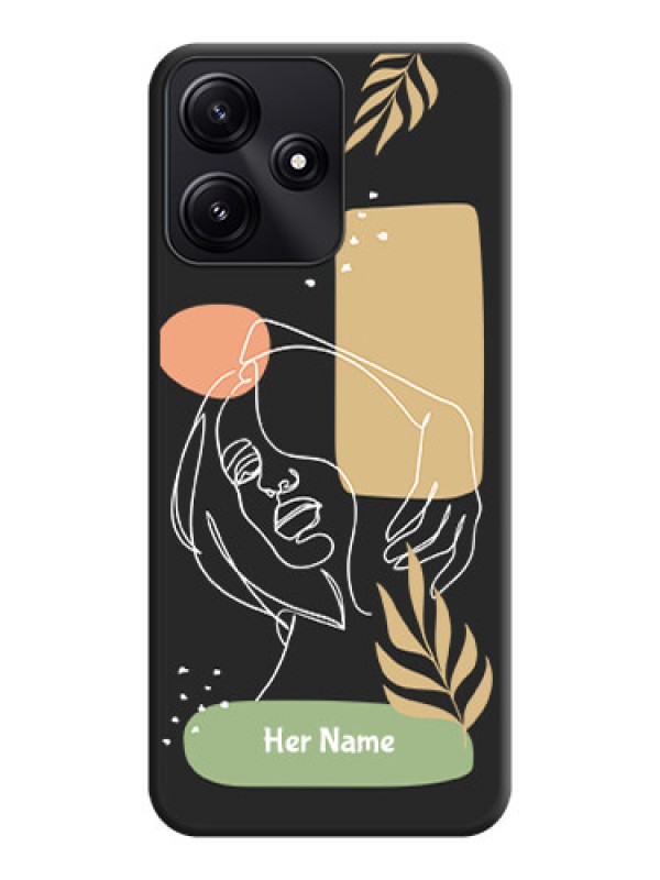 Custom Custom Text With Line Art Of Women & Leaves Design On Space Black Personalized Soft Matte Phone Covers - Poco M6 Pro 5G