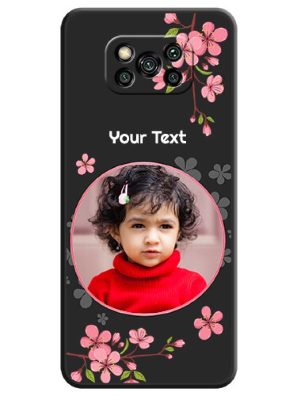 Custom Round Image with Pink Color Floral Design on Photo on Space Black Soft Matte Back Cover - Poco X3 Pro
