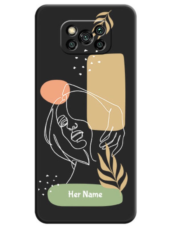 Custom Custom Text With Line Art Of Women & Leaves Design On Space Black Personalized Soft Matte Phone Covers -Poco X3 Pro