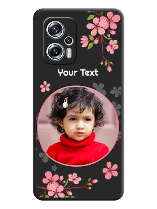 Custom Round Image with Pink Color Floral Design on Photo on Space Black Soft Matte Back Cover - Poco X4 Gt 5G