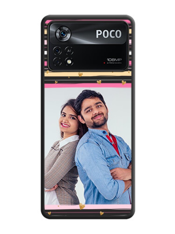 Custom Multicolor Lines and Golden Love Symbols Design on Photo on Space Black Soft Matte Mobile Cover - Poco X4 Pro 5G