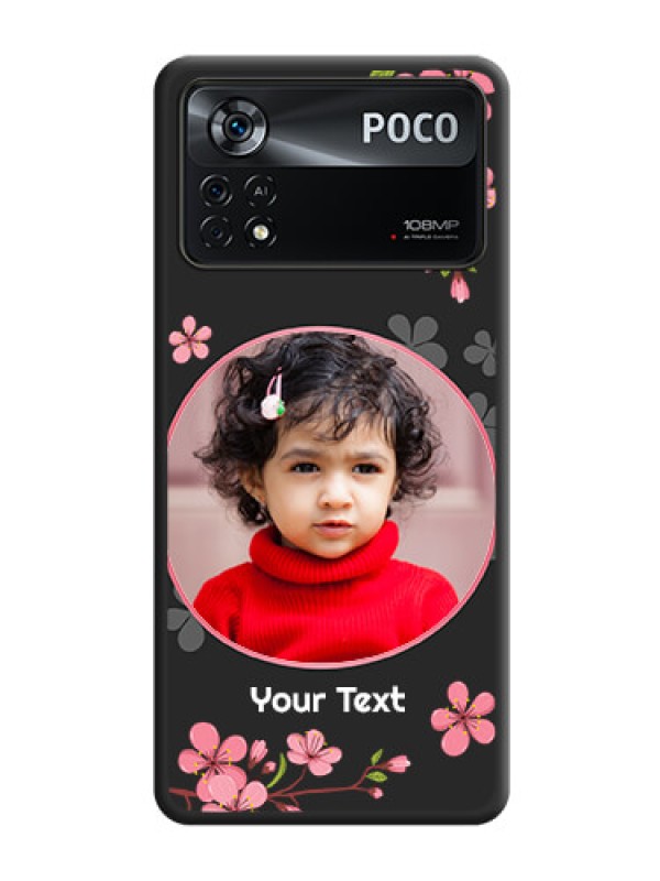 Custom Round Image with Pink Color Floral Design on Photo on Space Black Soft Matte Back Cover - Poco X4 Pro 5G