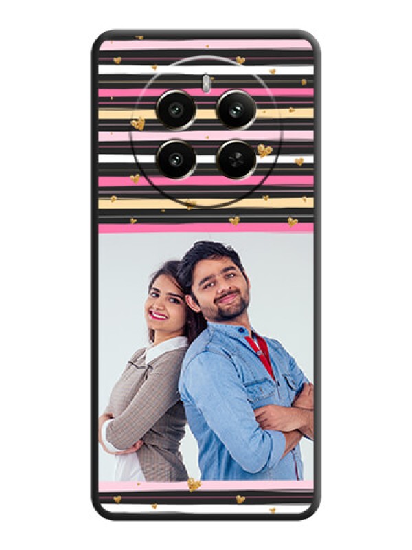 Custom Multicolor Lines and Golden Love Symbols Design - Photo on Space Black Soft Matte Mobile Cover - Realme 12 Plus 5G