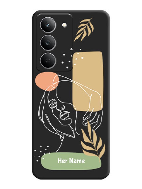 Custom Custom Text With Line Art Of Women & Leaves Design On Space Black Custom Soft Matte Mobile Back Cover - Realme 14x 5G