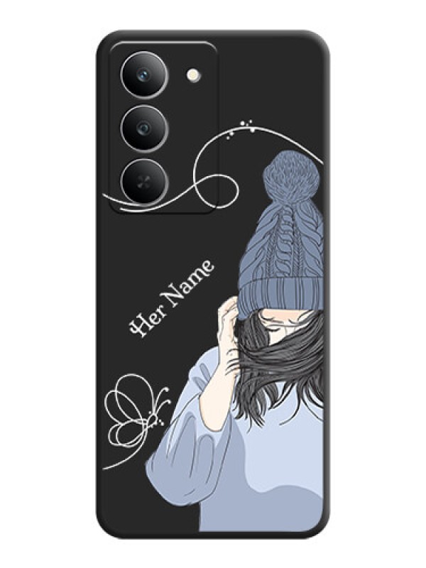 Custom Girl With Blue Winter Outfiit Custom Text Design On Space Black Custom Soft Matte Mobile Back Cover - Realme 14x 5G