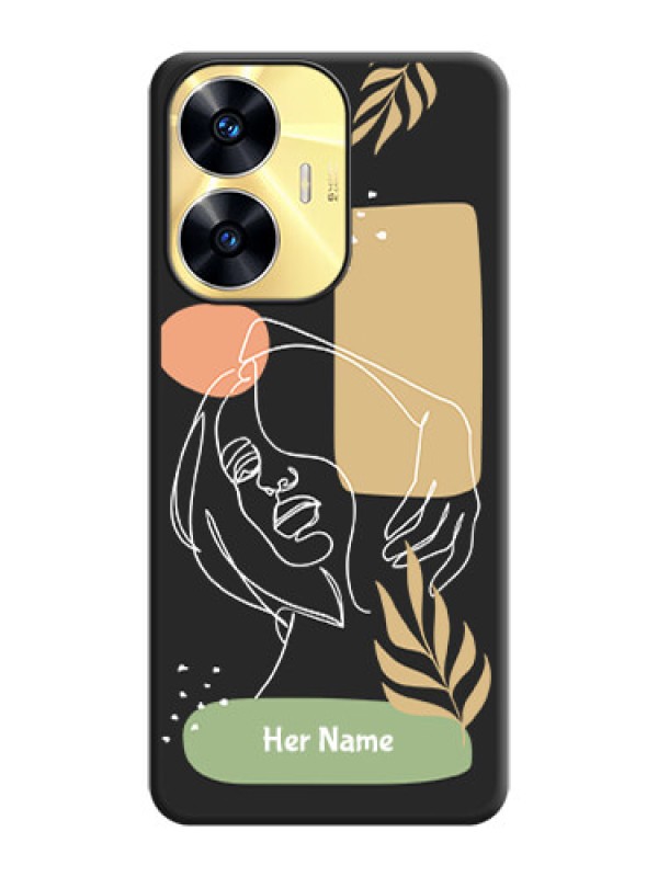 Custom Custom Text With Line Art Of Women & Leaves Design On Space Black Personalized Soft Matte Phone Covers -Realme C55