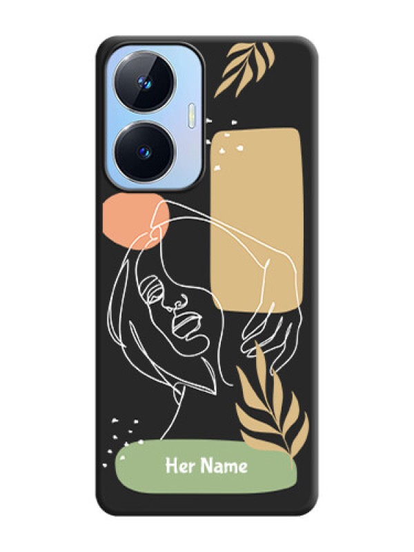 Custom Custom Text With Line Art Of Women & Leaves Design On Space Black Personalized Soft Matte Phone Covers -Realme Narzo N55