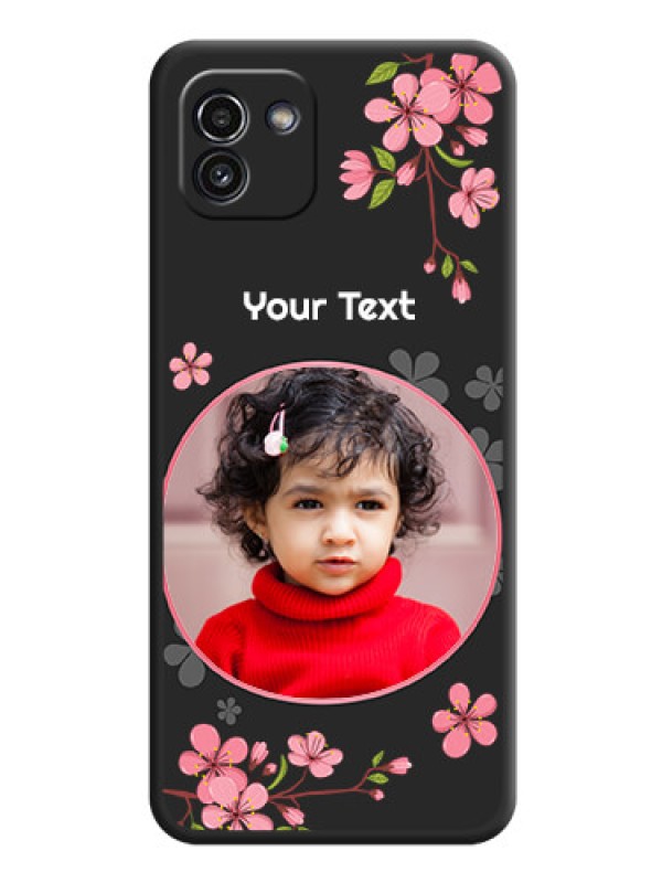 Custom Round Image with Pink Color Floral Design on Photo on Space Black Soft Matte Back Cover - Galaxy A03