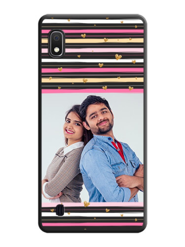 Custom Multicolor Lines and Golden Love Symbols Design on Photo on Space Black Soft Matte Mobile Cover - Galaxy A10