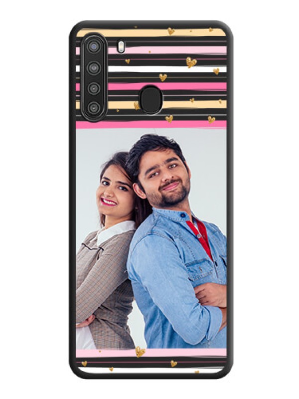 Custom Multicolor Lines and Golden Love Symbols Design on Photo on Space Black Soft Matte Mobile Cover - Galaxy A21