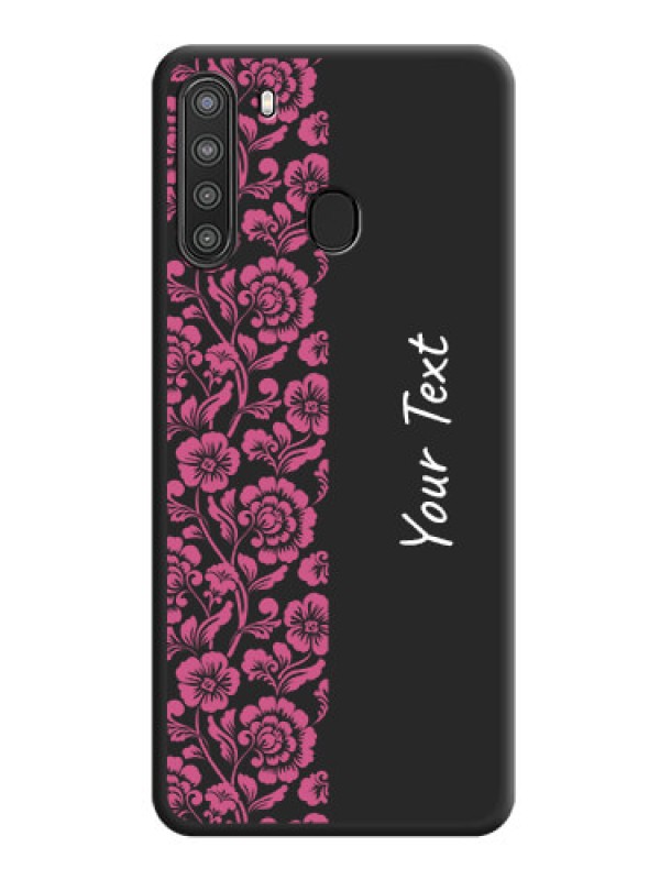 Custom Pink Floral Pattern Design With Custom Text On Space Black Personalized Soft Matte Phone Covers -Samsung Galaxy A21