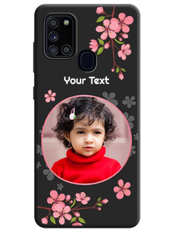 Custom Round Image with Pink Color Floral Design - Photo on Space Black Soft Matte Back Cover - Galaxy A21S