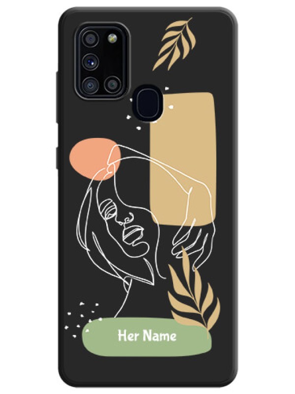 Custom Custom Text With Line Art Of Women & Leaves Design On Space Black Personalized Soft Matte Phone Covers -Samsung Galaxy A21S