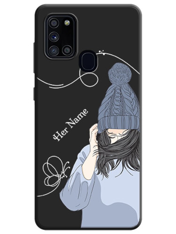 Custom Girl With Blue Winter Outfiit Custom Text Design On Space Black Personalized Soft Matte Phone Covers -Samsung Galaxy A21S