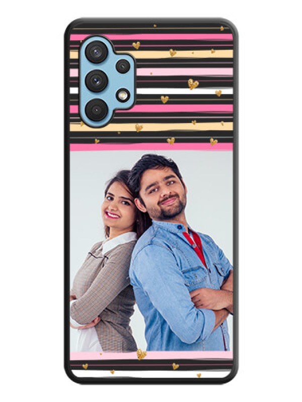 Custom Multicolor Lines and Golden Love Symbols Design on Photo on Space Black Soft Matte Mobile Cover - Galaxy A32 4G