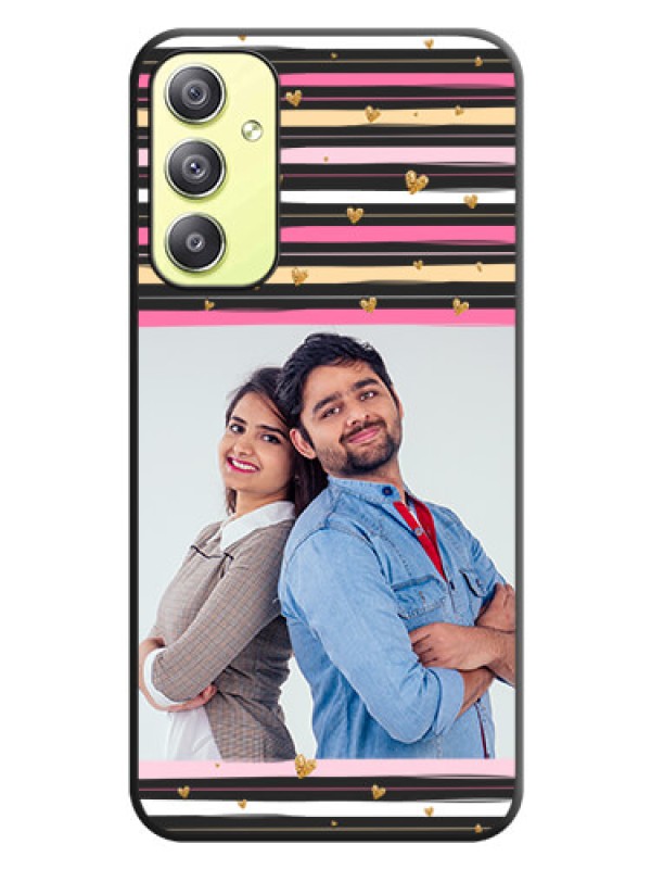 Custom Multicolor Lines and Golden Love Symbols Design on Photo on Space Black Soft Matte Mobile Cover - Galaxy A34 5G