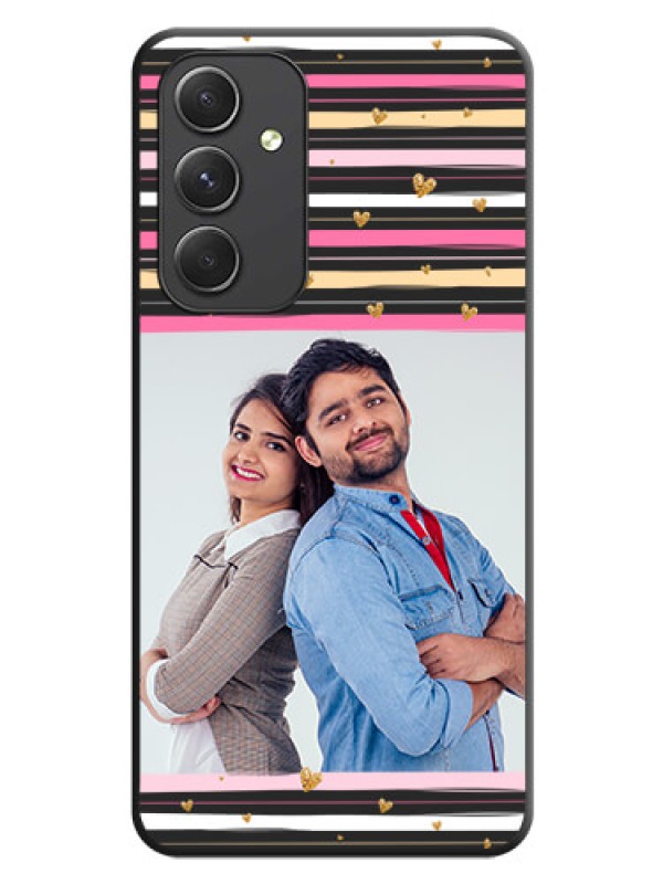 Custom Multicolor Lines and Golden Love Symbols Design on Photo on Space Black Soft Matte Mobile Cover - Galaxy A54 5G