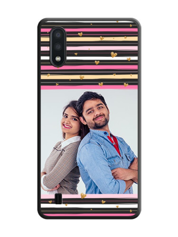 Custom Multicolor Lines and Golden Love Symbols Design on Photo on Space Black Soft Matte Mobile Cover - Galaxy M01