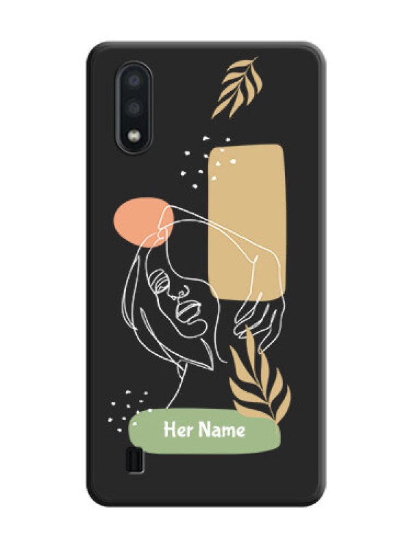 Custom Custom Text With Line Art Of Women & Leaves Design On Space Black Personalized Soft Matte Phone Covers -Samsung Galaxy M01