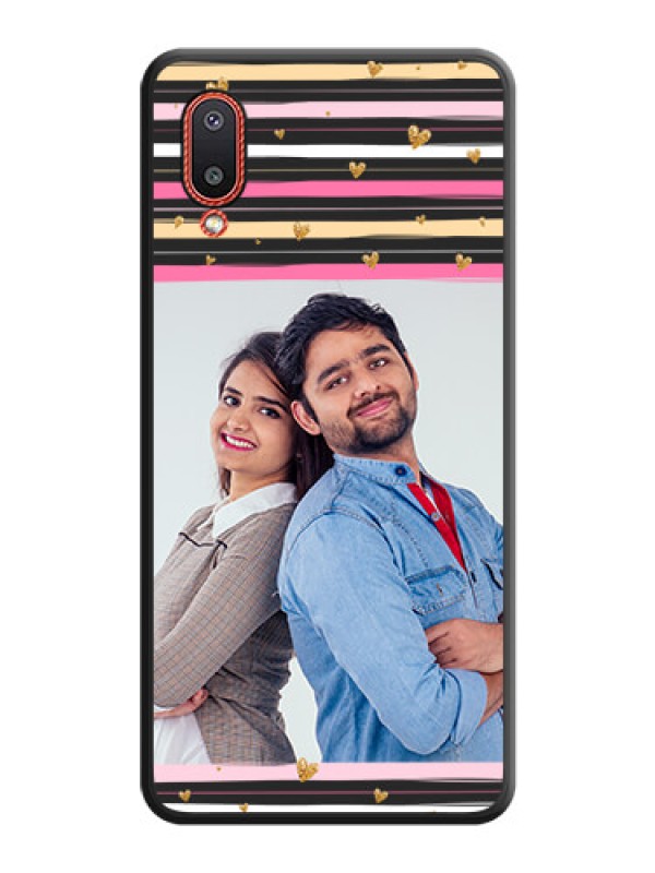 Custom Multicolor Lines and Golden Love Symbols Design on Photo on Space Black Soft Matte Mobile Cover - Galaxy M02