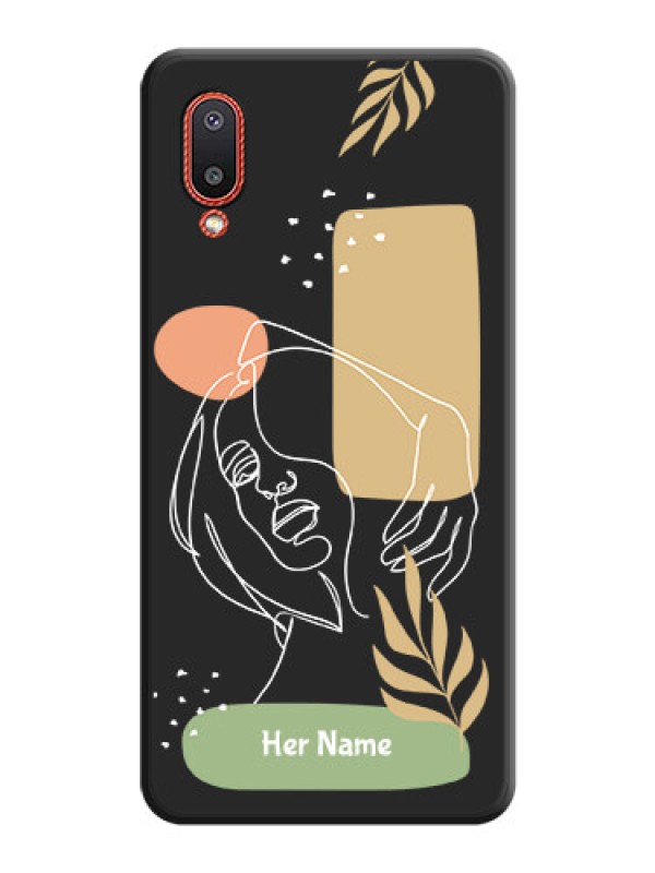 Custom Custom Text With Line Art Of Women & Leaves Design On Space Black Personalized Soft Matte Phone Covers -Samsung Galaxy M02