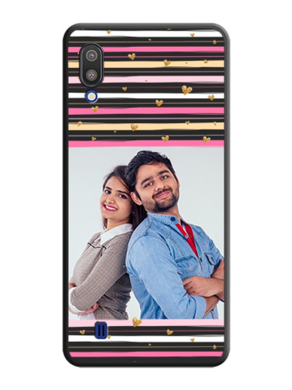 Custom Multicolor Lines and Golden Love Symbols Design on Photo on Space Black Soft Matte Mobile Cover - Galaxy M10