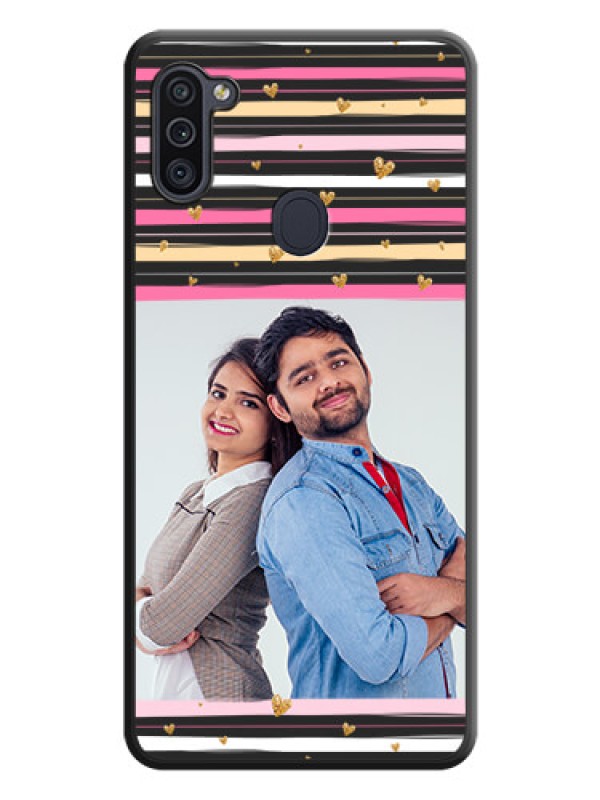 Custom Multicolor Lines and Golden Love Symbols Design on Photo on Space Black Soft Matte Mobile Cover - Galaxy M11