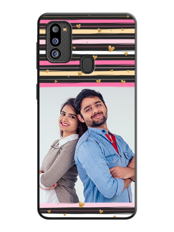 Custom Multicolor Lines and Golden Love Symbols Design on Photo on Space Black Soft Matte Mobile Cover - Galaxy M21 2021 Edition