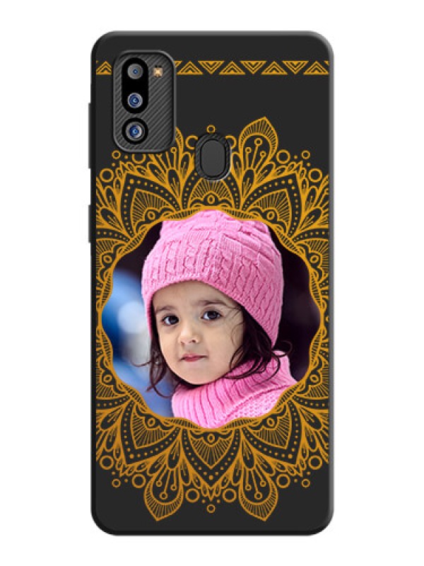 Custom Round Image with Floral Design on Photo on Space Black Soft Matte Mobile Cover - Galaxy M21 2021 Edition