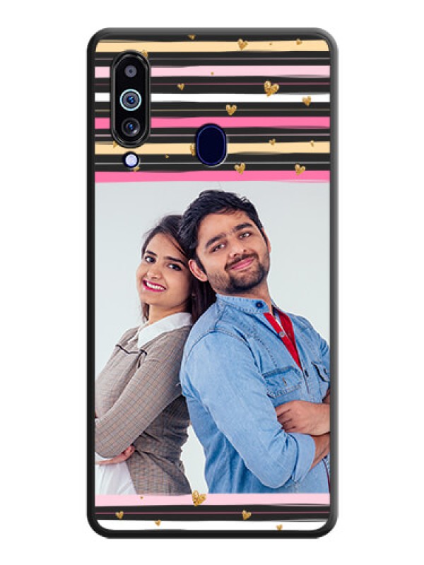 Custom Multicolor Lines and Golden Love Symbols Design on Photo on Space Black Soft Matte Mobile Cover - Galaxy M40