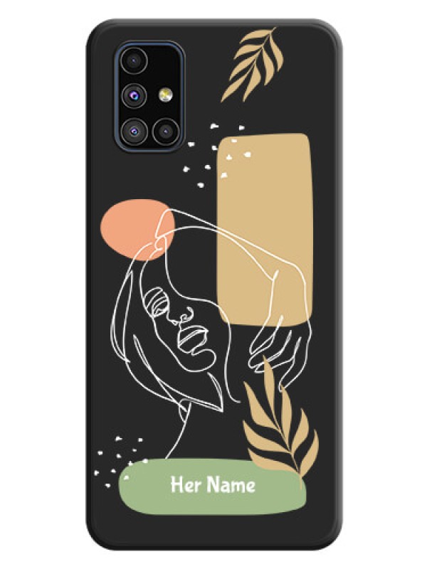 Custom Custom Text With Line Art Of Women & Leaves Design On Space Black Personalized Soft Matte Phone Covers -Samsung Galaxy M51