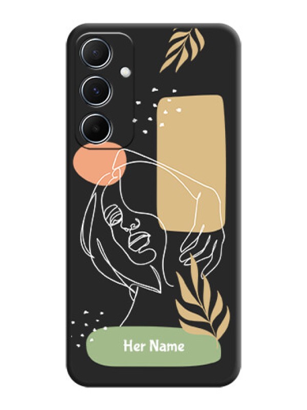 Custom Custom Text With Line Art Of Women & Leaves Design On Space Black Custom Soft Matte Mobile Back Cover - Galaxy M55 5G