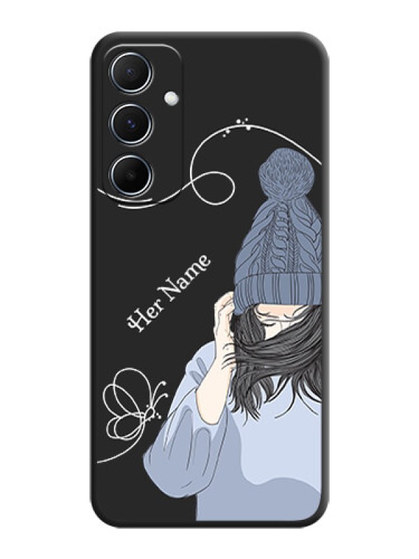 Custom Girl With Blue Winter Outfiit Custom Text Design On Space Black Custom Soft Matte Mobile Back Cover - Galaxy M55 5G