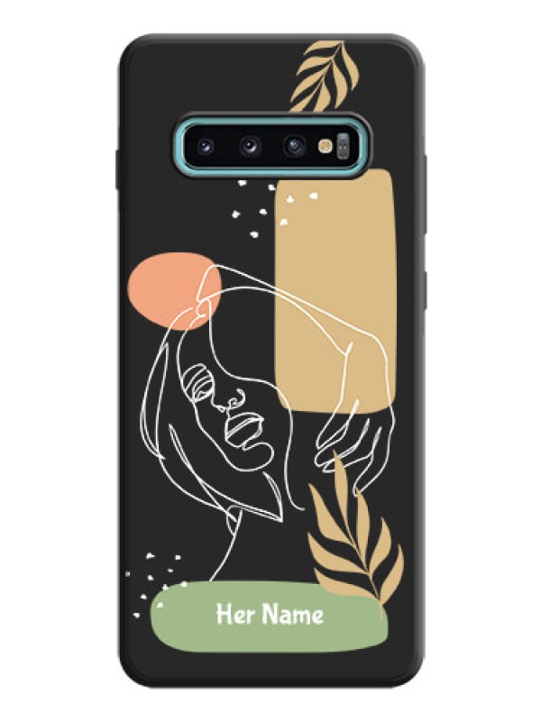 Custom Custom Text With Line Art Of Women & Leaves Design On Space Black Personalized Soft Matte Phone Covers -Samsung Galaxy S10 Plus