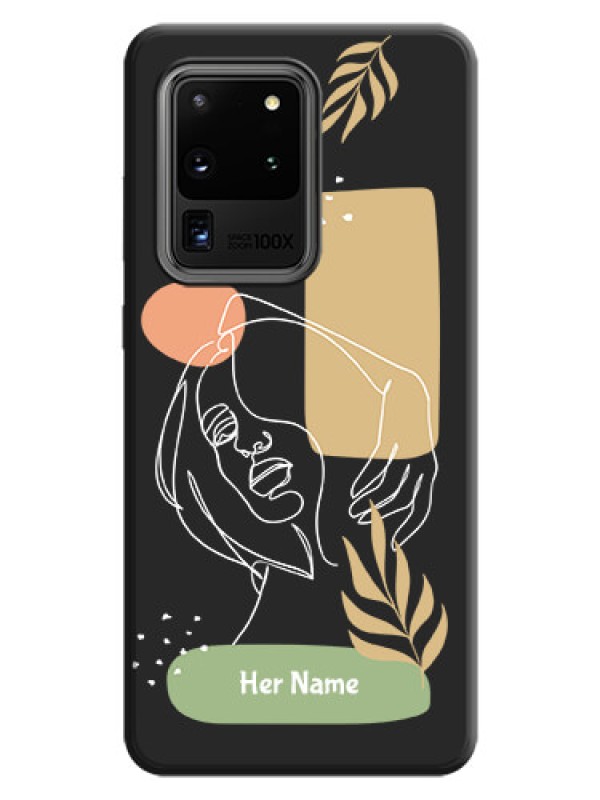 Custom Custom Text With Line Art Of Women & Leaves Design On Space Black Personalized Soft Matte Phone Covers -Samsung Galaxy S20 Ultra