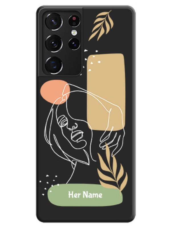 Custom Custom Text With Line Art Of Women & Leaves Design On Space Black Personalized Soft Matte Phone Covers -Samsung Galaxy S21 Ultra