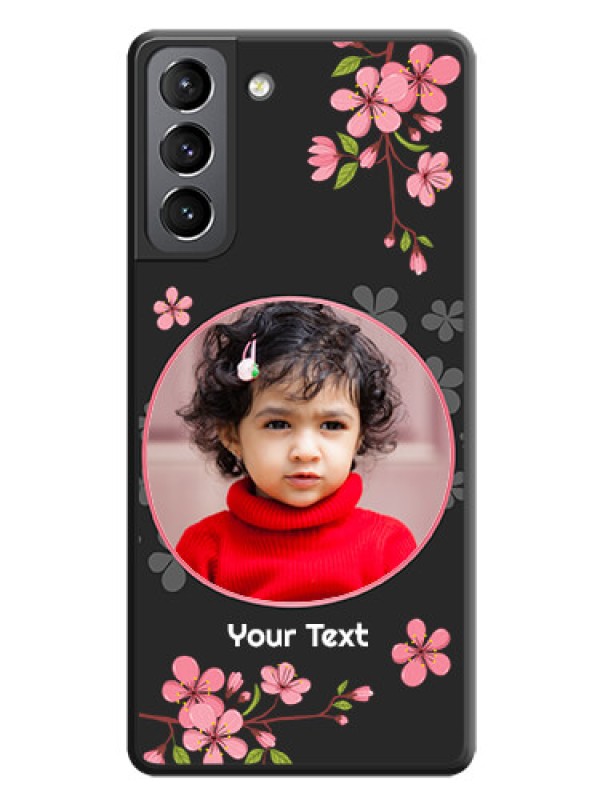 Custom Round Image with Pink Color Floral Design on Photo on Space Black Soft Matte Back Cover - Galaxy S21