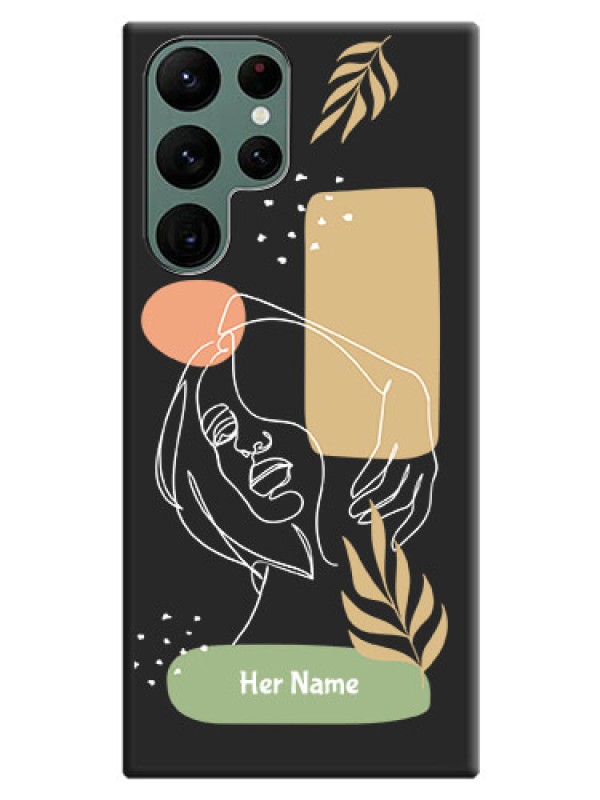 Custom Custom Text With Line Art Of Women & Leaves Design On Space Black Personalized Soft Matte Phone Covers -Samsung Galaxy S22 Ultra 5G