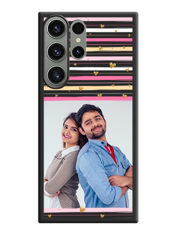 Custom Multicolor Lines and Golden Love Symbols Design on Photo on Space Black Soft Matte Mobile Cover - Samsung Galaxy S23 Ultra 5G