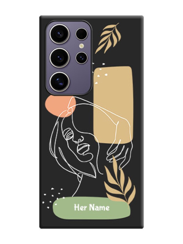 Custom Custom Text With Line Art Of Women & Leaves Design On Space Black Personalized Soft Matte Phone Covers - Galaxy S24 Ultra 5G