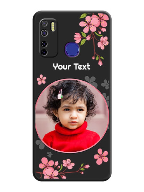 Custom Round Image with Pink Color Floral Design on Photo on Space Black Soft Matte Back Cover - Tecno Camon 15