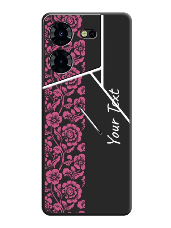 Custom Pink Floral Pattern Design With Custom Text On Space Black Custom Soft Matte Mobile Back Cover - Pova 5 Pro 5G