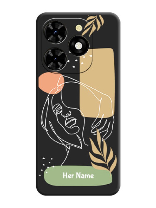 Custom Custom Text With Line Art Of Women & Leaves Design On Space Black Personalized Soft Matte Phone Covers - Tecno Spark 20C