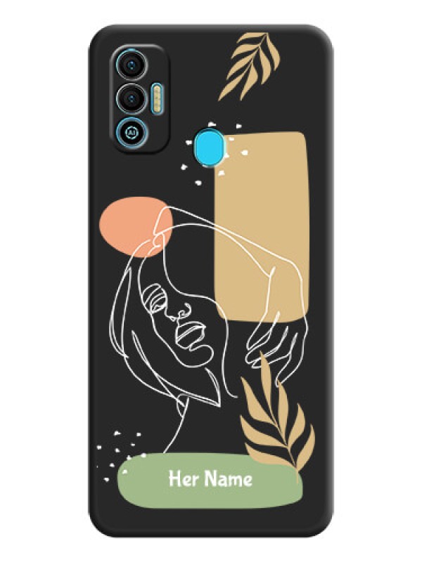 Custom Custom Text With Line Art Of Women & Leaves Design On Space Black Personalized Soft Matte Phone Covers -Tecno Spark 7T