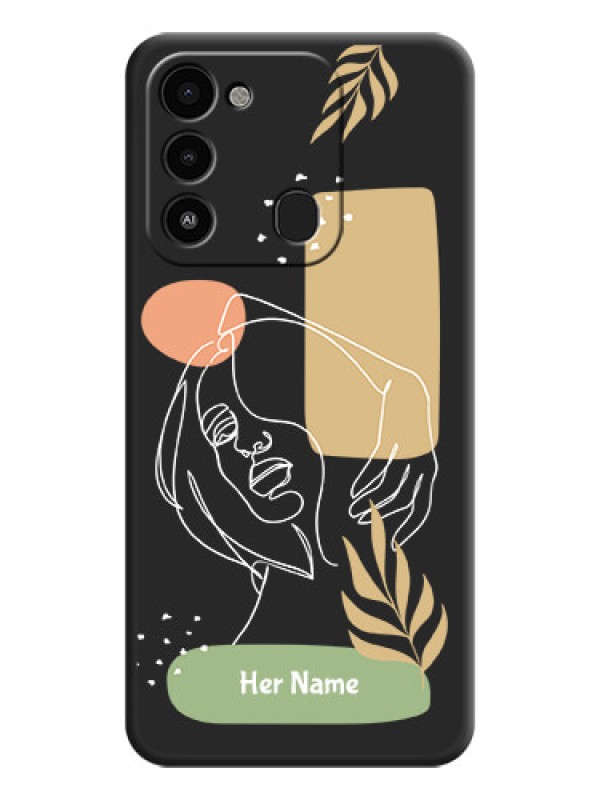 Custom Custom Text With Line Art Of Women & Leaves Design On Space Black Personalized Soft Matte Phone Covers -Tecno Spark 8C