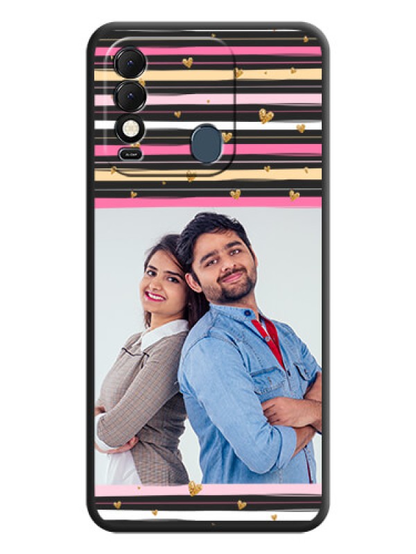 Custom Multicolor Lines and Golden Love Symbols Design on Photo on Space Black Soft Matte Mobile Cover - Tecno Spark 8T